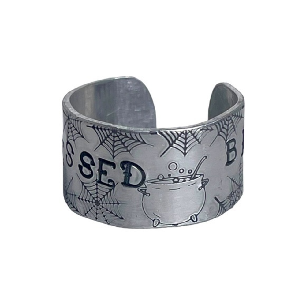 Handmade 8/9 stamped Blessed Be silver hypoallergenic adjustable wide cuff ring